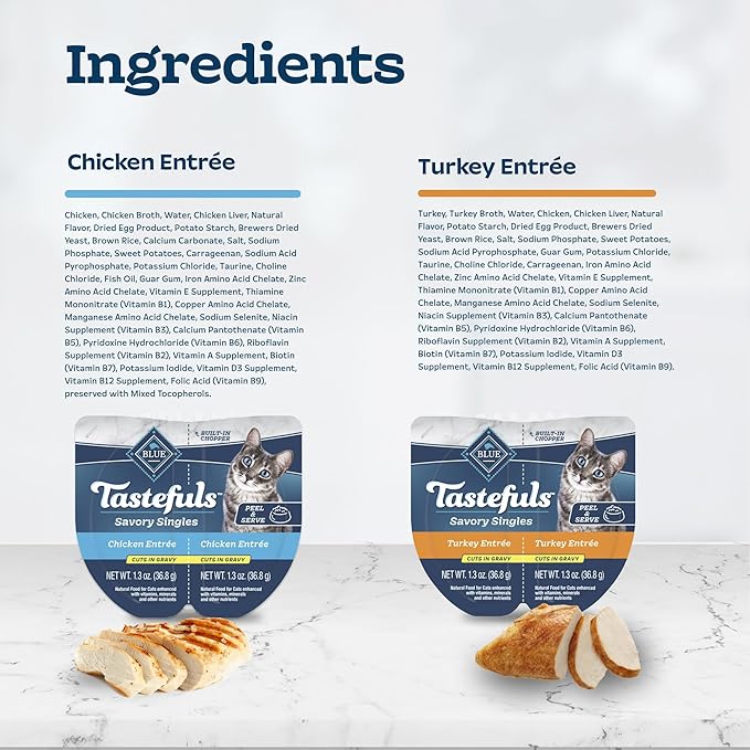 Blue Buffalo Tastefuls Savory Singles Variety Pack, Wet Cat Food in Gravy, 2.6-oz. Twin-Pack Trays, Chicken & Turkey Entreé (12 Count)