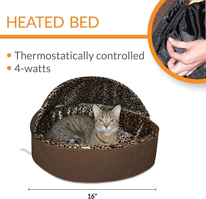 K&H Pet Products Thermo-Kitty Bed Deluxe Indoor Heated Cat Bed Mocha/Leopard Small 16 Inches