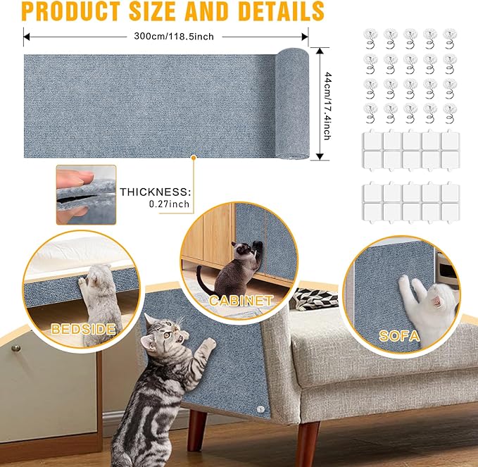 Cat Scratch Mat,118.5"x17.4" Trimmable Self-Adhesive Cat Scratch Furniture Protector, Sticky Cat Scratcher Wall Mat, Covering Cats Tower, Couch Protector from Cats Claws (Light Grey)