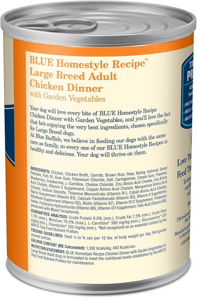 Blue Buffalo Homestyle Recipe Large Breed Adult Wet Dog Food, Made with Natural Ingredients, Chicken Dinner With Garden Vegetables, 12.5-oz. Can (Pack of 12)
