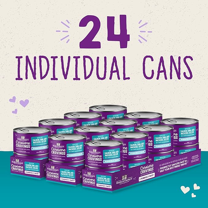 Stella & Chewy's Carnivore Cravings Purrfect Paté - Premium Grain-Free Wet Cat Food - Salmon, Tuna & Mackerel Recipe - High Protein with Bone Broth - Perfect for Picky Eaters - 5.2oz Cans (24 Pack)