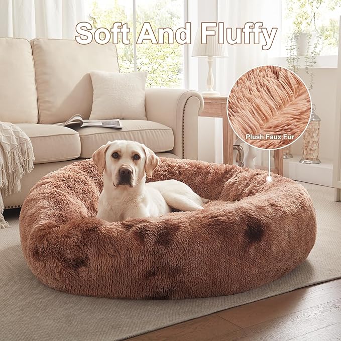 45 inches Donut Dog Bed for Extra Large Dogs,Calming Fluffy Round Jumbo Pet Bed with Removable & Washable Cover, Fits up to 150 lbs Pets (Tie-dye Brown,XL)
