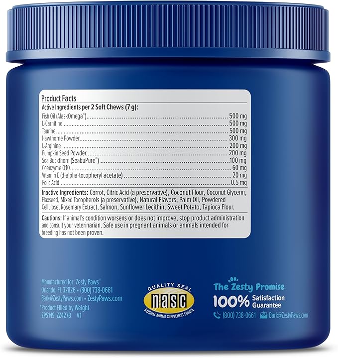 Zesty Paws Cardiovascular Support for Dogs - Taurine for Dogs - with CoQ10, L Carnitine & Sea Buckthorn - Senior Heart Health - AlaskOmega Fish Oil Omega 3 - Senior - Salmon - 90 Count