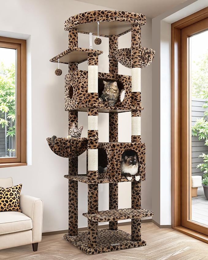 Globlazer Heavy Duty Cat Tree, 74inch Sturdy Cat Tower for Large Cats Adult, Big Cat Tree with 5 Sisal Scratching Posts, 2 Padded Cat Condos, 2 Hanging Baskets, Enlarged Top Perch, S74, Leopard Print
