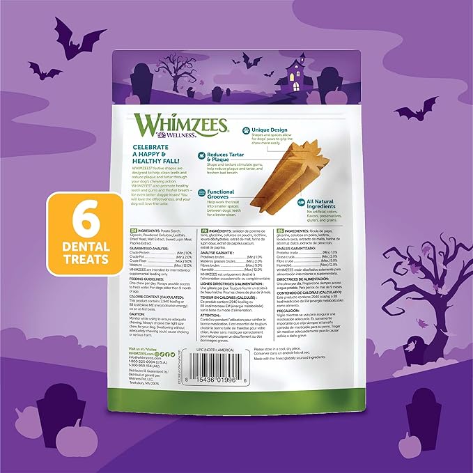 Wellness WHIMZEES Fall Dog Dental Treats, Autumn Natural Chews for Dogs, Medium Size Stick, (6 Count)