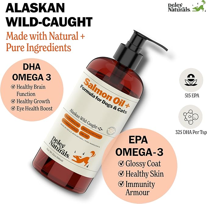 Deley Naturals Wild Alaskan Salmon Oil for Dogs - New & Improved Salmon Oil Plus Formula - Fish Oil for Dogs with DHA EPA Omega 3 & 6 Fatty Acids - Omega 3 Fish Oil for Skin & Coat - 32oz Made in USA