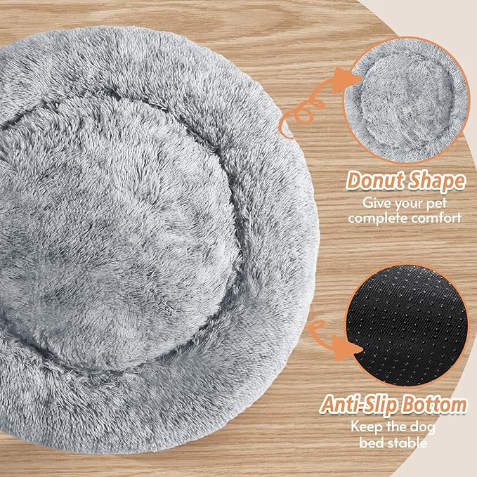 JOLLYVOGUE Calming Dog & Cat Bed for Small Dogs, Anti-Anxiety Donut Cuddler Cozy Soft Round Bed with Anti-Slip Bottom, Fluffy Faux Fur Plush Cushion Beds for Small Medium Dogs, 23"/Smoke Gray