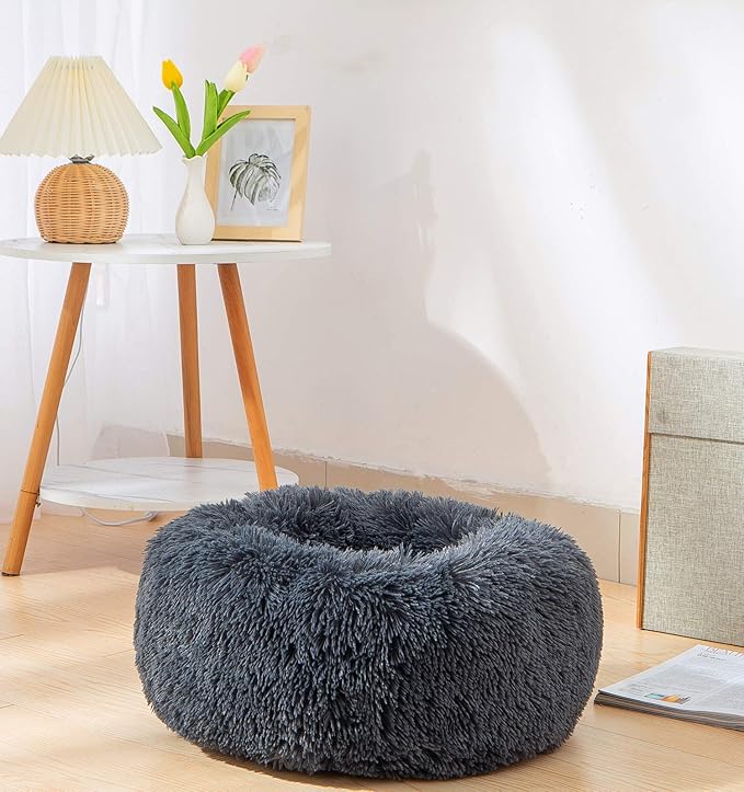 Calming Donut Dog Bed Small, Plush Round Cuddler Dog & Cat Bed, Anit-Anxiety Marshmellow Fluffy Faux Fur Cushion(20", Deep Grey)