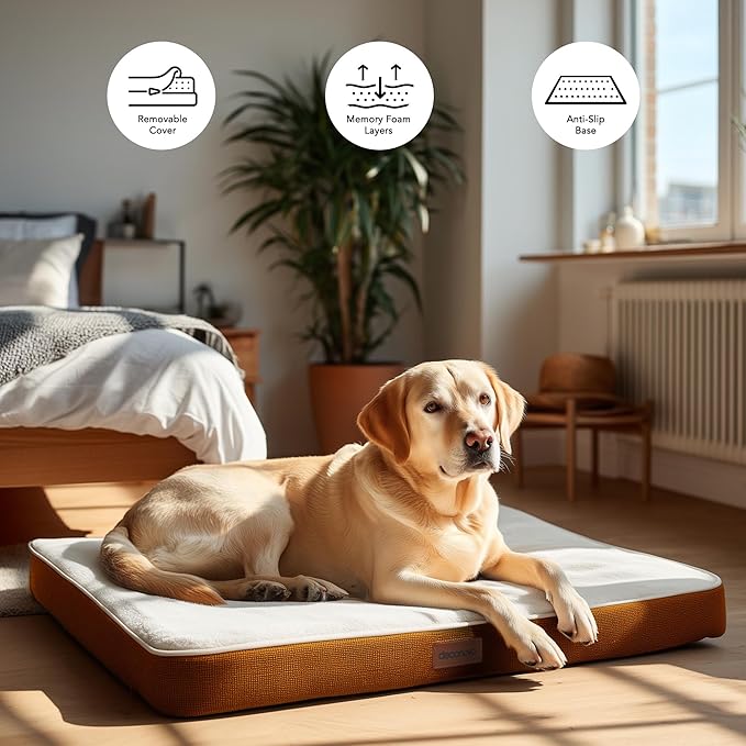 Deconovo Orthopedic Dog Bed for Medium & Large Dogs – Supportive Memory Foam with Washable Cover, Non-Slip Base – Comfort for Senior, Arthritic & Active Pets, White and Orange Side, 44" Lx32 Wx3 Th