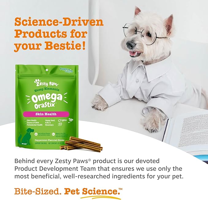 Zesty Paws OraStix for Dogs – Omega Sticks with Hemp Salmon Krill Oil Bone Broth Anti Itch Skin Coat Care Hip & Joint Health Heart Immune System Support Dog Tartar Teeth Cleaning 25oz