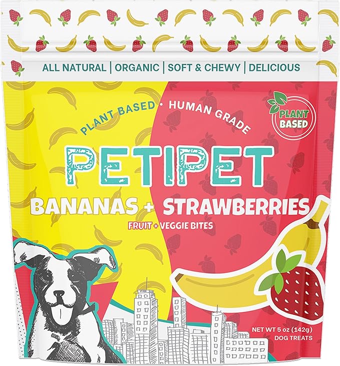 Bananas+Strawberries Plant-Based Fruit Dog Treats - Strawberry, Apple, Banana Soft & Chewy Treats - Healthy, Vegetarian, Vegan - Organic Ingredients, Low-Protein, Hypoallergenic, Gluten-Free