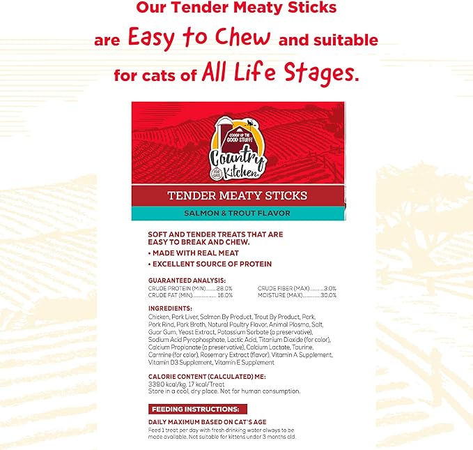 Country Kitchen Salmon & Trout Tender Meaty Sticks Cat Treats, High in Protein, Easy to Break and Chew, 0.88 Oz, 5 Count (Pack of 2)