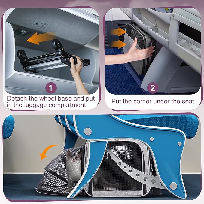 Pet Carrier Airline Approved on Wheels - Two Sided Expandable Cat Soft Carrier for Puppy and Cats Under 26lbs, Rolling Cat Carrier for Airplane, Camping, Outdoor