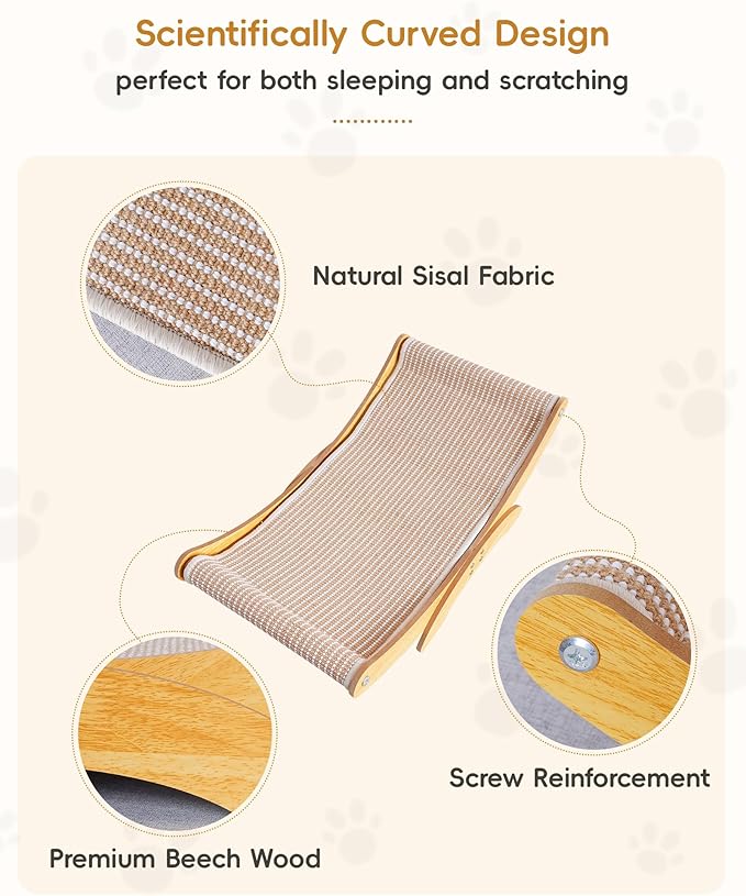 Cat Scratcher Bed for Indoor Cats - Natural Sisal Scratching Board with Sturdy Solid Wood Frame Scratch Pad, Cat Lounger/Hammock