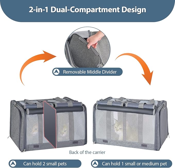 Cat Carrier for 2 Cats – Large Expandable Soft-Sided Pet Travel Carrier, Dual Compartments, Privacy Protection, Dog Carrier for Small/Medium Dogs, Home & Outdoor Use