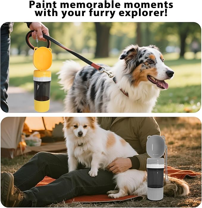 2-in-1 Pet Travel Water Bottle & Food Container - 14 oz Water + 6 oz Food Dispenser, Leak-Proof Portable Dog Water Bottle Bowl for Walking, Hiking, Camping Grey