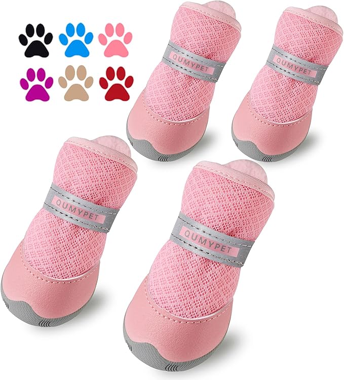 QUMY 4PCS Dog Shoes for Small Dogs, Hot Pavement Summer Puppy Dog Boots & Paw Protectors with Soft Anti-Slip Rubber Sole, Mesh Breathable Dog Booties for Hardfloors, Walking Running Pink Size 1