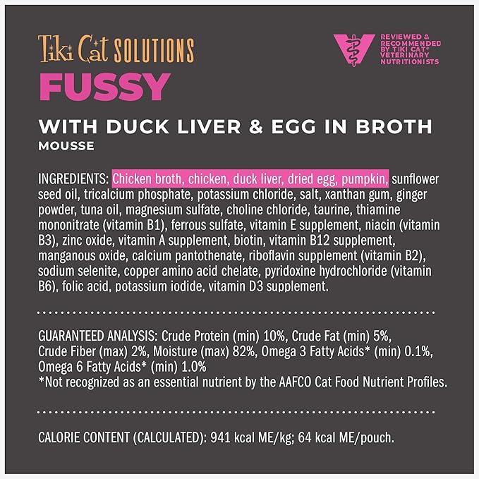 Tiki Cat Solutions Fussy Mousse, Duck Liver & Egg, Specially Formulated to Support Healthy Digestion, Functional Wet Cat for Adult Cats, 2.4 oz. Pouch (12 Count)