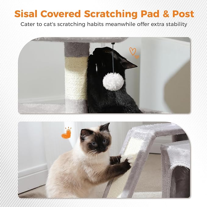 PEQULTI Small Cat Tree Tower for Large Adult Cats with Wide Top Perch, Private Cat Condo and Sisal Scratching Post&Pad for Indoor Cats, Gray
