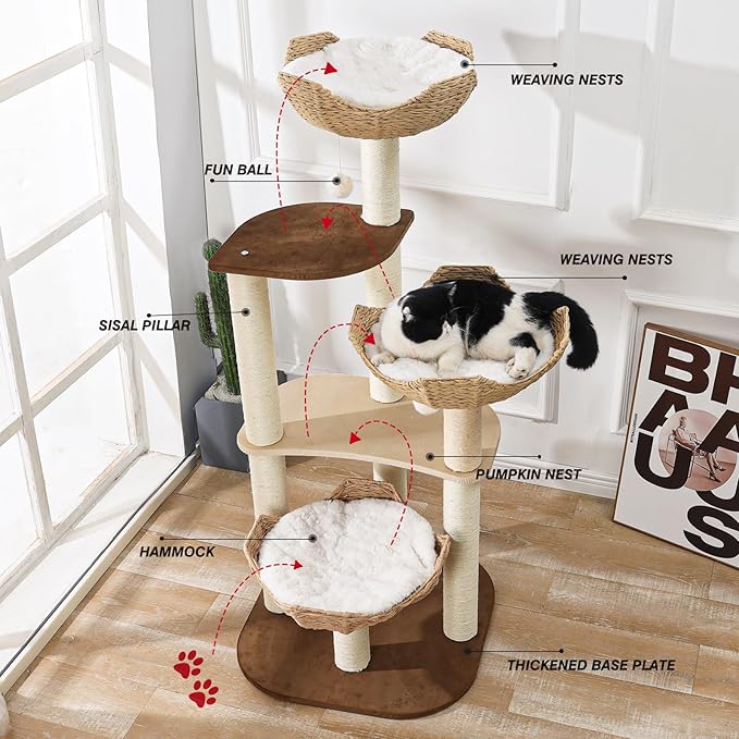 Big Modern Design Cat Tree Tower with White Cloud Mat, Unique Cat Supplies Tower with Scratching Post, Cute Wood Cat Tree Cat Furniture Activity Centre for Indoor Big Cats