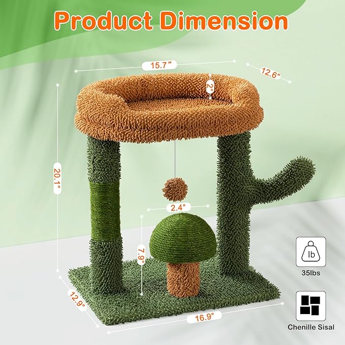 Cactus Cat Scratching Posts for Indoor Cats, Sisal Cat Scratcher with Play Ball, 20”Small Cat Tree Tower and Mushroom Scratch Post for Kitten, Green