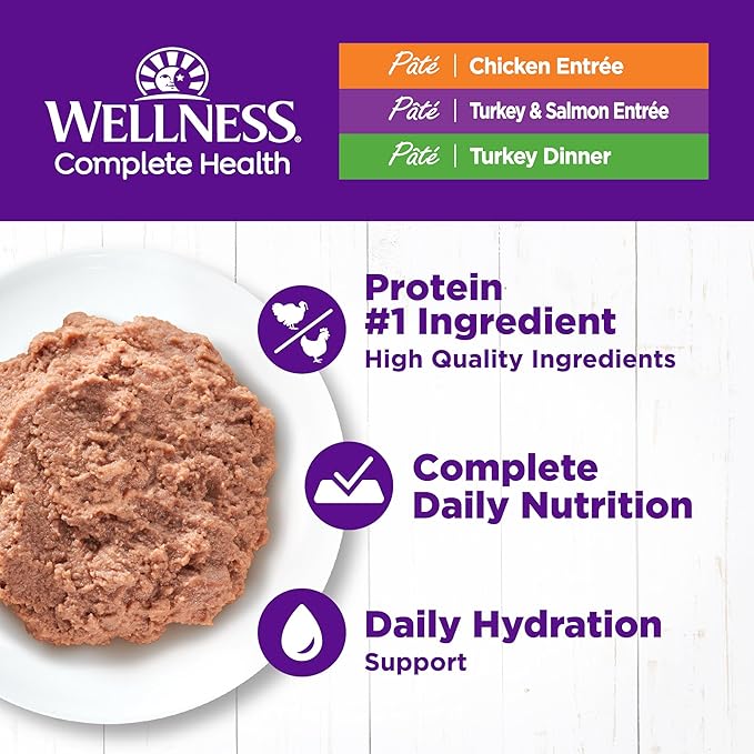 Wellness Complete Health Pate Adult Wet Cat Food, Natural, Protein-Rich, Grain Free, 3 Ounce, 12 Pack, (Chicken & Turkey Favorites Variety Pack)