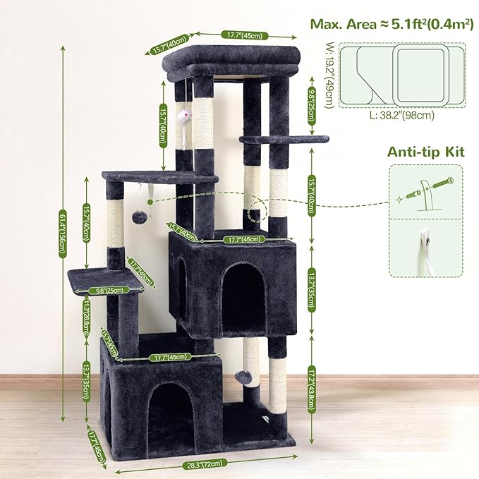 Globlazer Cat Tower for Indoor Cats, Heavy Duty Cat Trees for Large Cats Adult Big Cats Maine Coon Cat Tree Tower with Scratching Post, Extra Large Top Perch, Cat Condos, F61, Dark Grey, 61inch