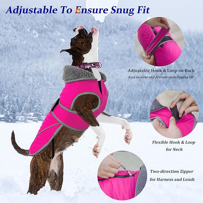 Dogcheer Dog Coat, Christmas Dog Jacket Waterproof Puppy Winter Coat for Cold Weather, Reflective Adjustable Pet Snow Jacket Warm Turtleneck Fleece Sweater for Small Medium Large Dogs - Pink, 3XL