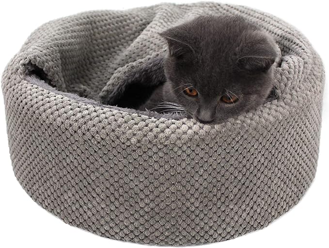 Winsterch Washable Cat Bed - Round Soft, Cozy & Warming for Indoor Cats. Calming Kitten Pet Bed. Small Cat Pet Covered Cat Cave Beds (Gray,12.59 x 12.59 x 5.91 in)