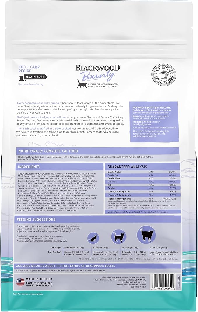 Blackwood Bounty Dry Cat Food, Cod & Carp Recipe for All Life Stages, 2 Pound Bag, High Protein, Grain Free