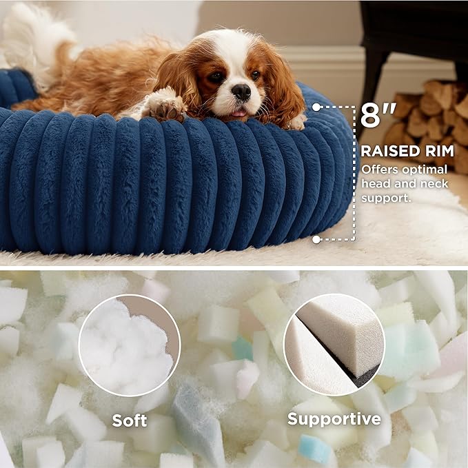 Bedsure Donut Medium Dog Bed - Washable Faux Fur with Corduroy Fleece & Anti Slip Bottom, Round Pet Beds with Removable Cover, Night Blue, 30x30x8 inches