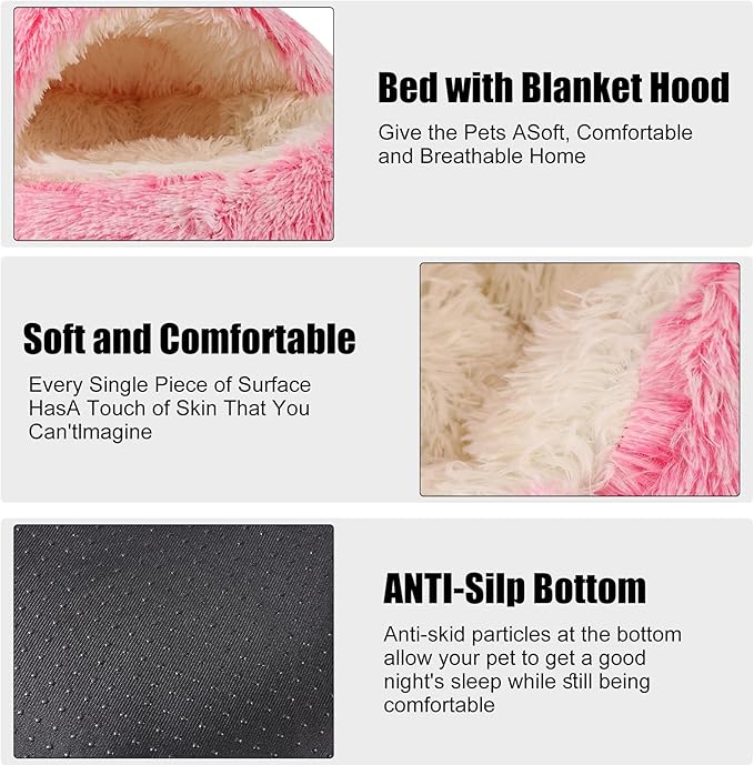 HYQ Dog Bed for Small Dogs, Cozy Cat Cave Bed, Cat Beds for Indoor Cats Washable, Non-Slip Cat Beds, Calming Dog Bed with Hooded Cover, Dog Bed with Cover for Small Medium Pets (Pink, 16×16 Inch)