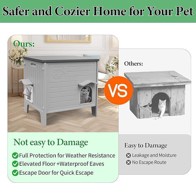 Outdoor Cat House Weatherpoof Large Plastic Cats Houses with Escape Door Indoor Waterproof Feral/Pet Cat Shelter Outside for Multiple Cats (Grey)