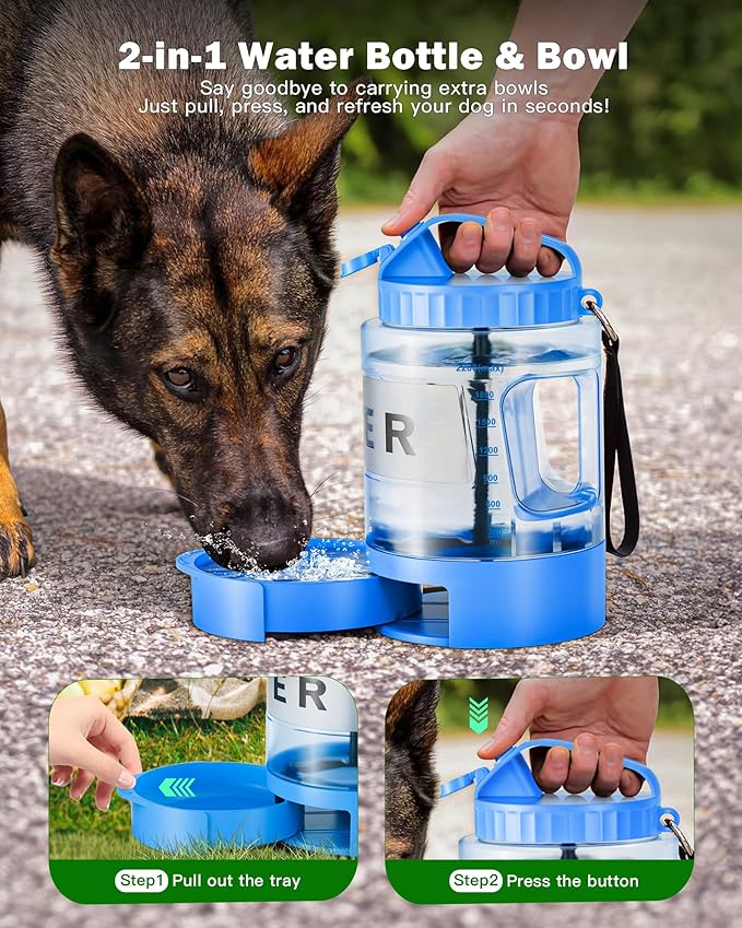 Large Dog Water Bottle Portable Bowl - 77oz Dog Travel Water Dispenser with Pull Out Bowl, Ideal for Hiking, Camping, Dog Parks, Leak-Proof BPA-Free Outdoor Pet Bottle for Large Dogs, Blue