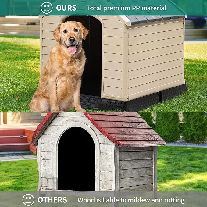 YITAHOME Large Plastic Dog House Outdoor Indoor Doghouse Puppy Shelter Water Resistant Easy Assembly Sturdy Dog Kennel with Air Vents and Elevated Floor