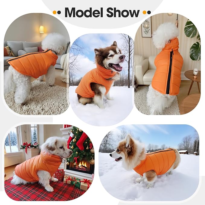 Warm Dog Coat Pet Vest with Zipper for Dogs, Cold Weather Coats for Medium Pets, Easy On/Off Winter Snow Jacket Clothes for French Bulldog, Boston Terrier, Schnauzer Wear, Orange M