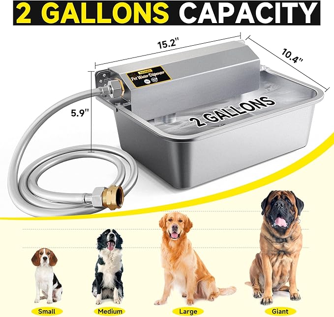 Automatic Dog Water Dispenser, 2 Gallons 304 Stainless Steel Large Dog Water Bowl Dispenser for Indoor/Outdoor, Pet & Livestock Water Feeder, Auto Fill, Fits GHT 3/4" Faucet, Easy to Clean