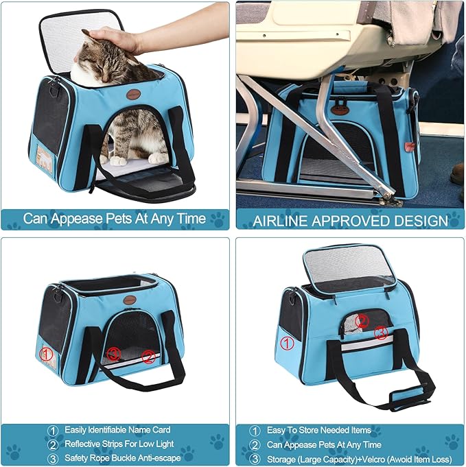 Cat Carrier Dog Carrier Pet Carriers for Medium Small Cats Dogs Puppies up to 15 Lbs,TSA Airline Approved Small Dog Cat Carriers Soft Sided,Collapsible Travel Puppy Carrier (Blue, Medium)