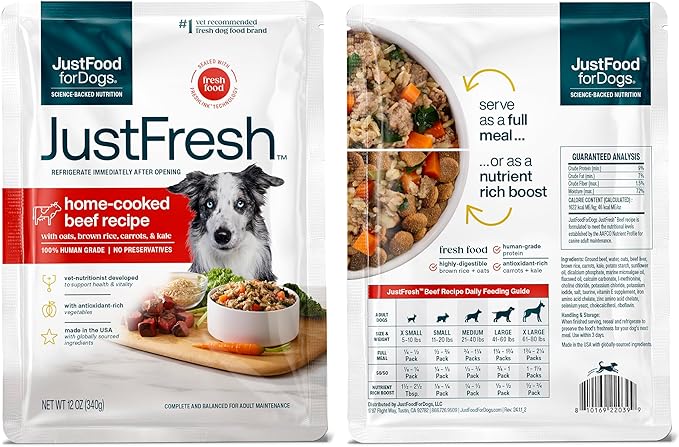 JustFoodForDogs JustFresh Home-Cooked Chicken and Beef Dog Food Variety Pack with No Preservatives, Resealable Packaging, Human Grade Wet Dog Food, 12 oz - 8 Pack
