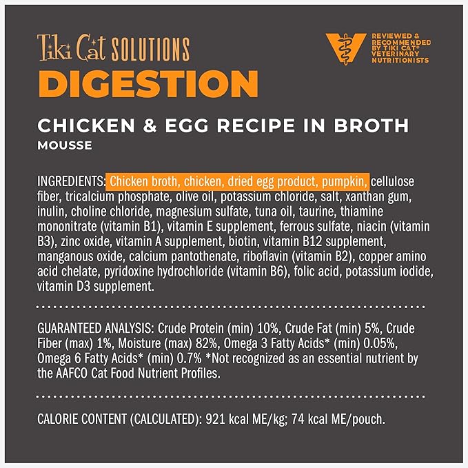 Tiki Cat Solutions Digestion Mousse, Chicken & Egg Recipe in Broth, Formulated to Support Healthy Digestion, Functional Wet Cat Food, 2.4 oz. Pouch (12 Count)