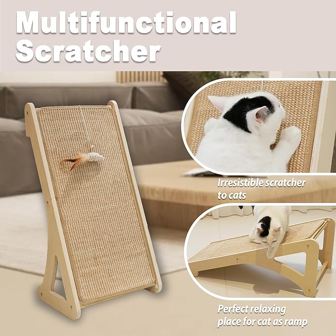 Meeyoview Sisal Cat Scratcher Ramp, 27'' L Shape Scratching Post, Vertical Cat Scratcher for Indoor Cats, Solid Wooden Scratch Pad, Furniture Protector with Catnip(Triangle)