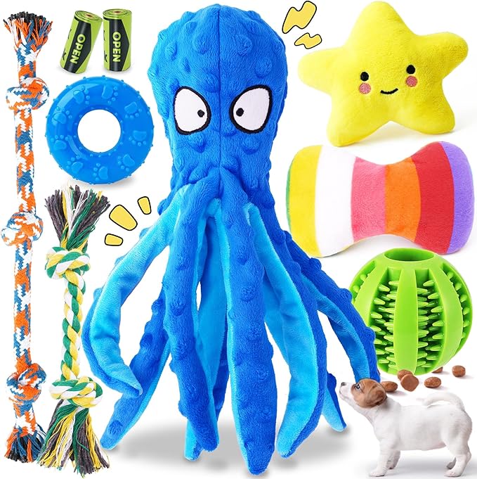 KIPRITII 9-Pack Interactive Puppy Dog Toys for Small Dogs No-Stuffing Squeaky Octopus-Shaped Toy, Cute Plush & Engaging Chew Toys for Puppy Teething to Keep Them Busy