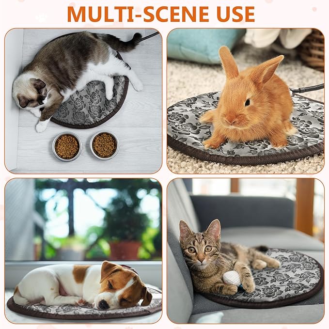 Riakrum 2 Pcs 16in Cat Heating Pad Round Pet Heating Pad Waterproof Cat Warming Pad Pet Electric Heating Mat Adjustable Heated Dog Pad with Washable Cover, Switch, Anti Bite Steel Cord for Cats Puppy