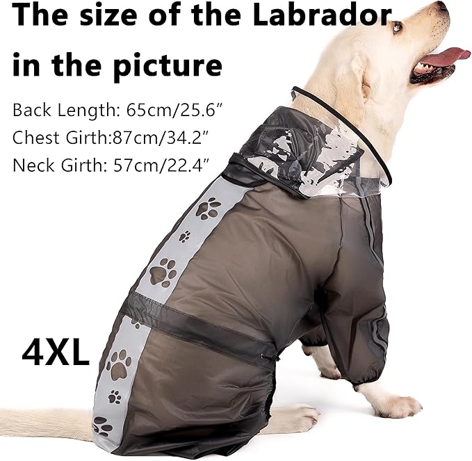 Olsa Dog Raincoat, Dog Hooded Slicker Poncho, 4 Legs Rain Jacket with Reflective Stripe, Transparent Water Proof Resistant Rain Snow Clothes for Small Medium Large (Black, 2XL)
