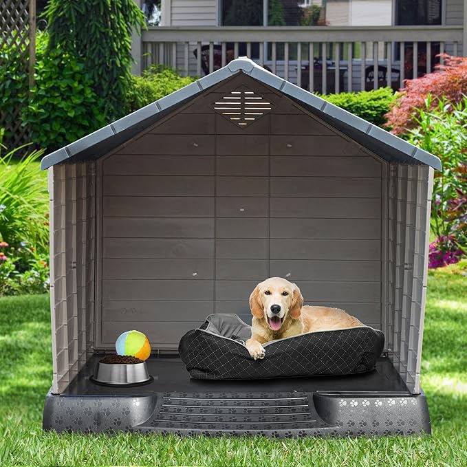 YITAHOME Large Plastic Dog House Outdoor Indoor Doghouse Puppy Shelter Water Resistant Easy Assembly Sturdy Dog Kennel with Air Vents and Elevated Floor