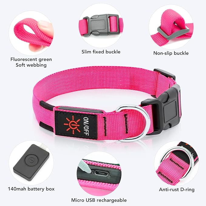 Light Up Dog Collar at Night, Led Dog Collar Adjustable, Lighted Dog Collar Rechargeable Waterproof, Dog Lights for Night Walking, Glow in The Dark Dog Collars Light for Medium Large Dogs PM