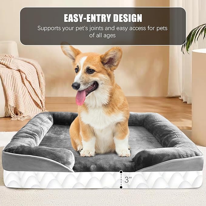 Orthopedic Dog Bed with Sides - Dog Sofa Beds for Medium Dogs, Supportive Foam Pet Couch Bed with Washable Removable Cover, Waterproof Lining and Non-Slip Bottom, Grey - M