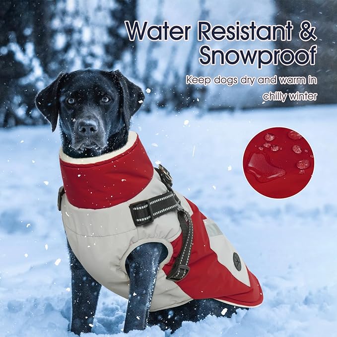 IECOii Large Dog Coat with Harness Built in,Reflective Waterproof Dog Coat for Giant Breeds - Zip Up Fleece Jacket for Dogs,Great Dane Winter Coats Warm Snowsuit for Cold Weather, Red, 4XL