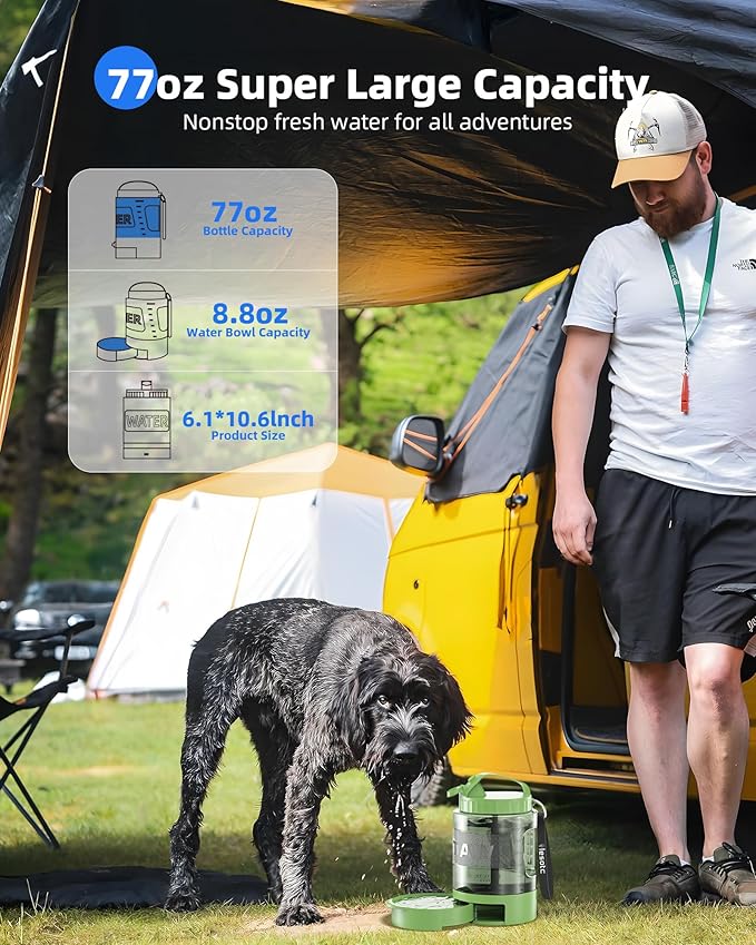 lesotc Dog Travel Water Bottle Portable with Pull-Out Drinking Bowl, 77oz Large Travel Water Bowl Dispenser for Dogs Camping Essentials Hiking Beach Road Trip Park Walking On The Go Must Haves, Green