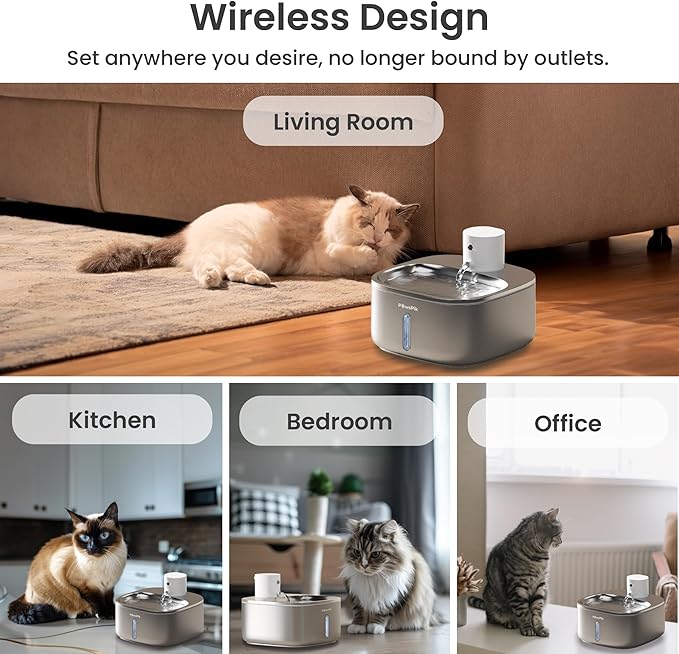 Stainless Steel Cat Water Fountain,108 oz/3.2 L Cat Water Dispenser, Battery Operated Dog Fountain,Water Bowl, Automatic Pet Fountain with Motion Sensor, 5000 mAh Battery